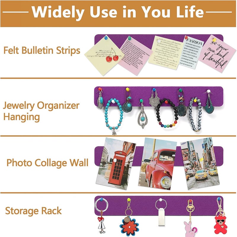 Arlasuo Felt Pin Board Bar Strips Bulletin Board for Bedrooms Offices Home Wall Decoration, Notice Board Self Adhesive Cork Board with 35 Push Pins for Paste Notes, Photos, Schedules (Purple) - Image 2